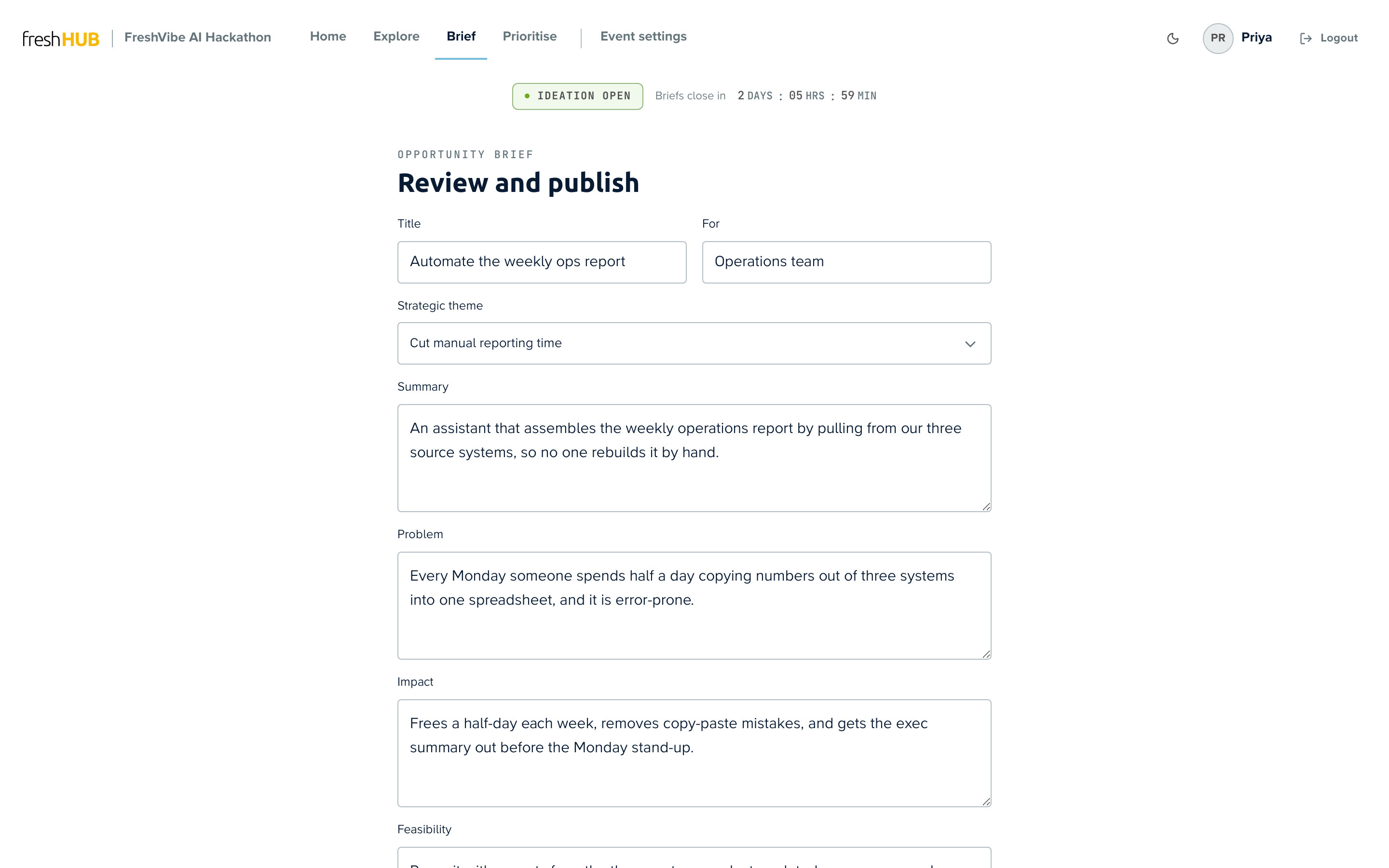 The brief review screen, titled “Review and publish”, with editable fields for title, strategic theme, summary, problem and impact. The theme is set to “Cut manual reporting time”.