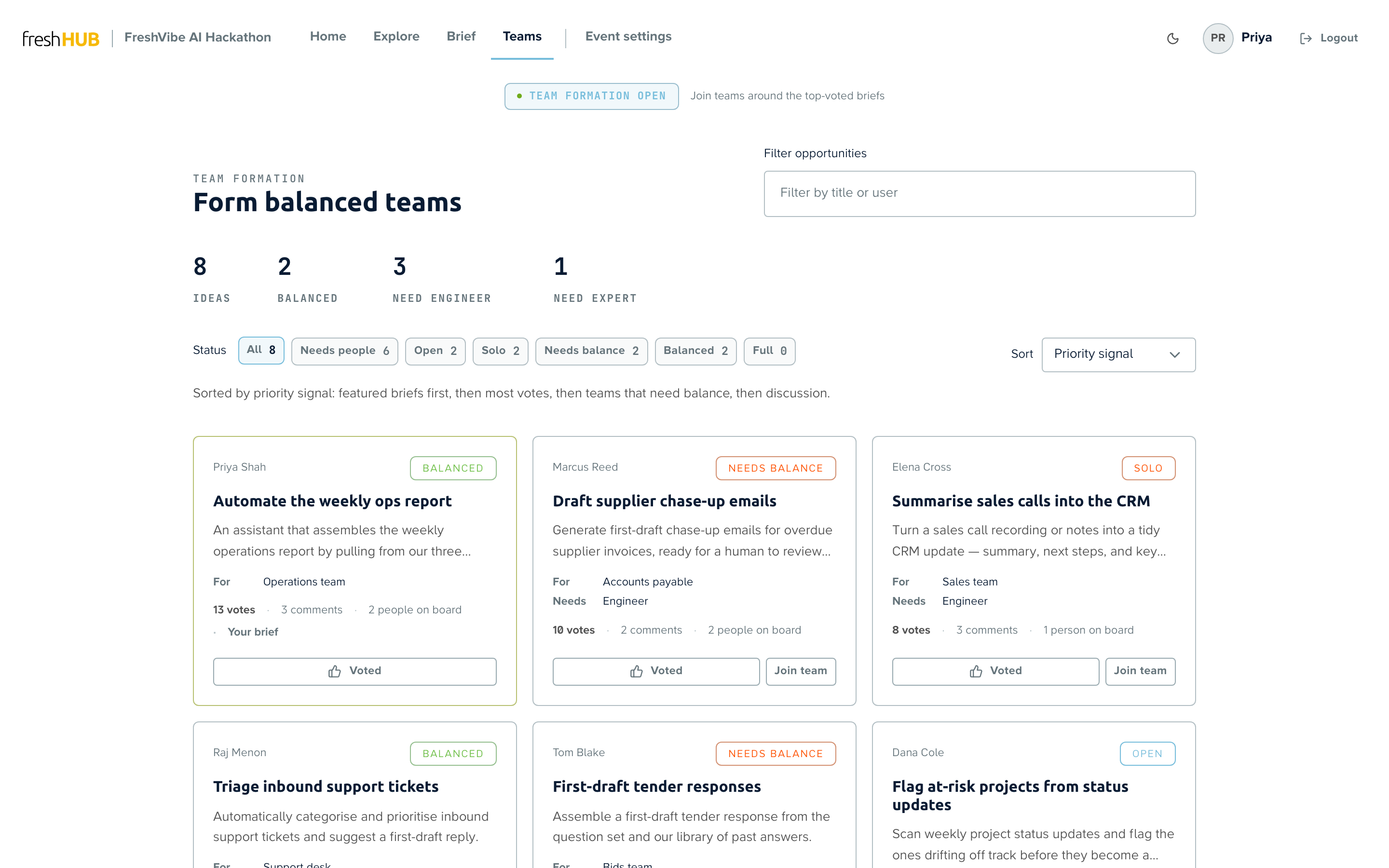 The team formation screen, titled “Form balanced teams”, with each brief tagged balanced, needs balance or solo, the skill it still needs, and a “Join team” button.